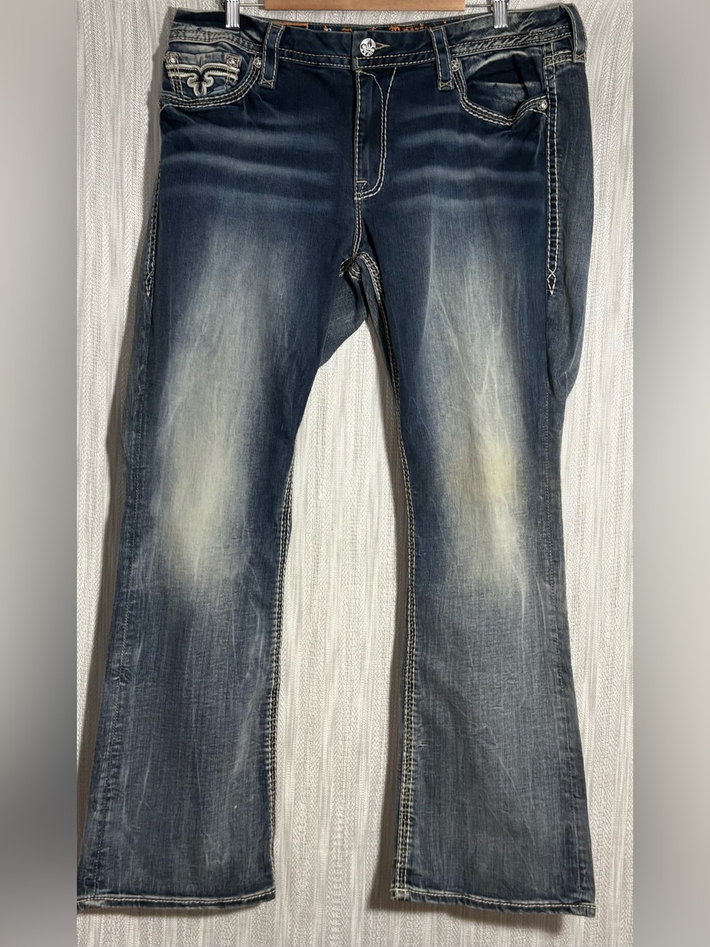 Rock Revival Women’s Boot Cut Jeans in Dark Blue with Faded Wash